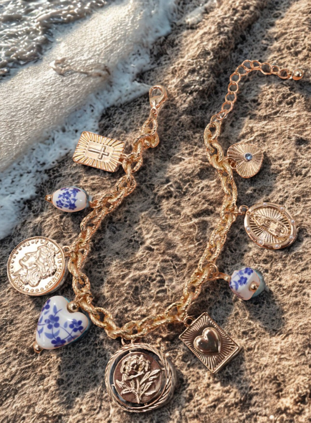 Cross & Heart Blue Charm Necklace